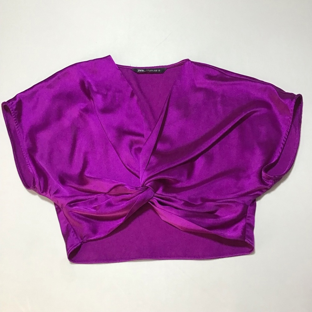 Zara Women's Purple Cropped Satin Knot Front Blouse - Picture 4 of 8